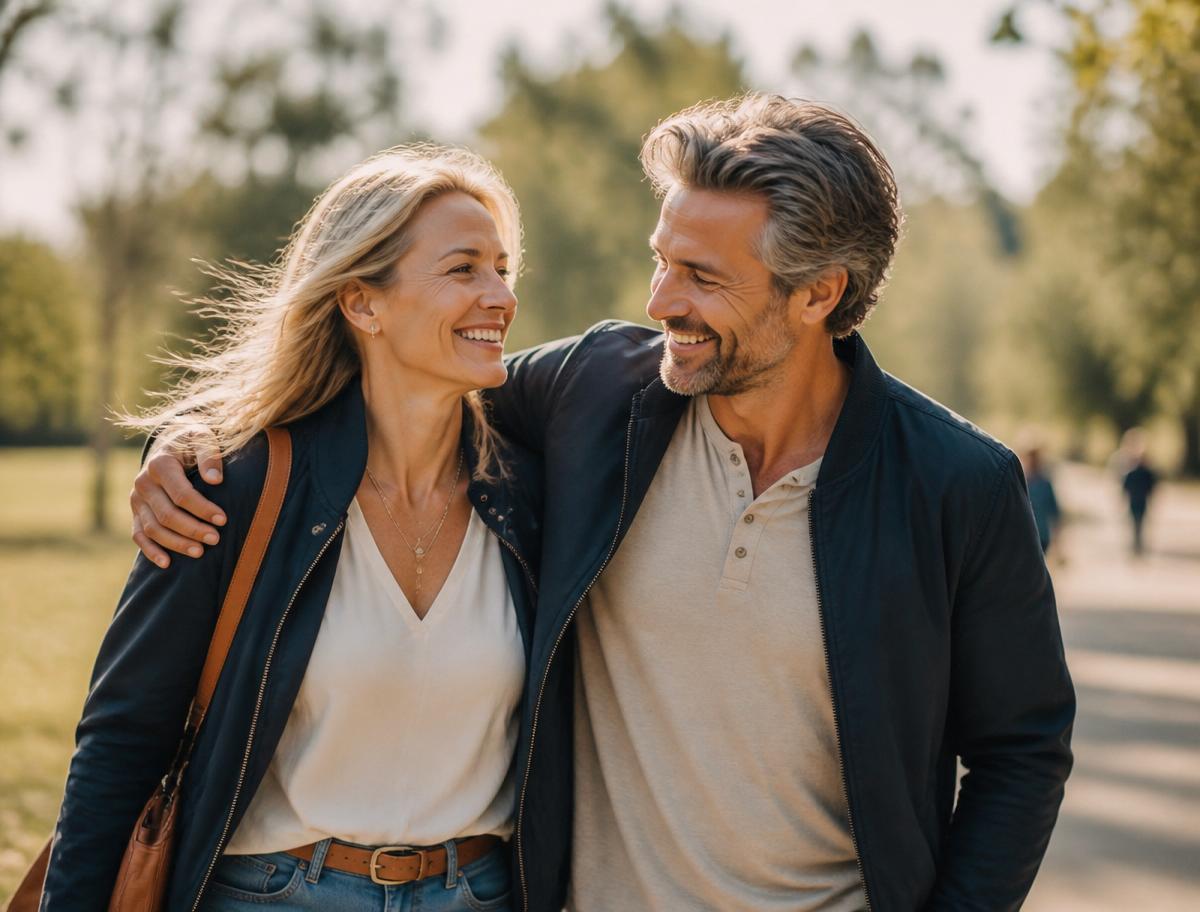 Pareja tranquila paseando tras cancelar sus deudas legalmente
